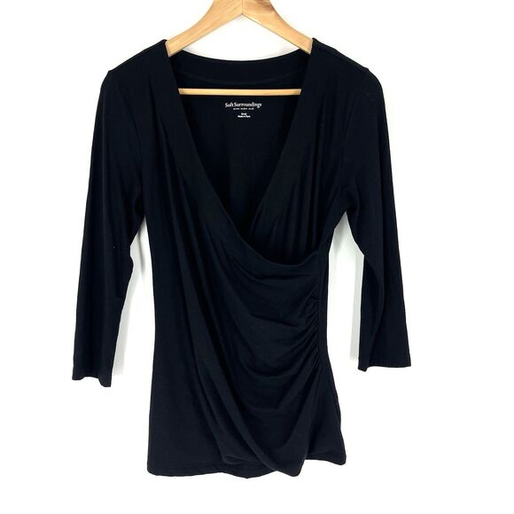 Soft Surroundings Top Size Small Womens Black Faux Wrap Solid Stretch Shirt - Picture 1 of 7